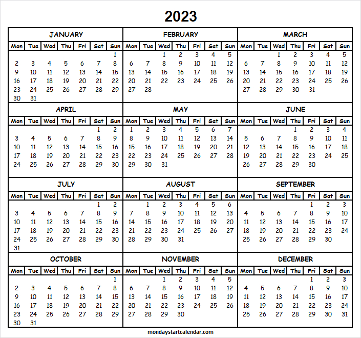 Free 2023 Calendar Monday Start | Download Printable