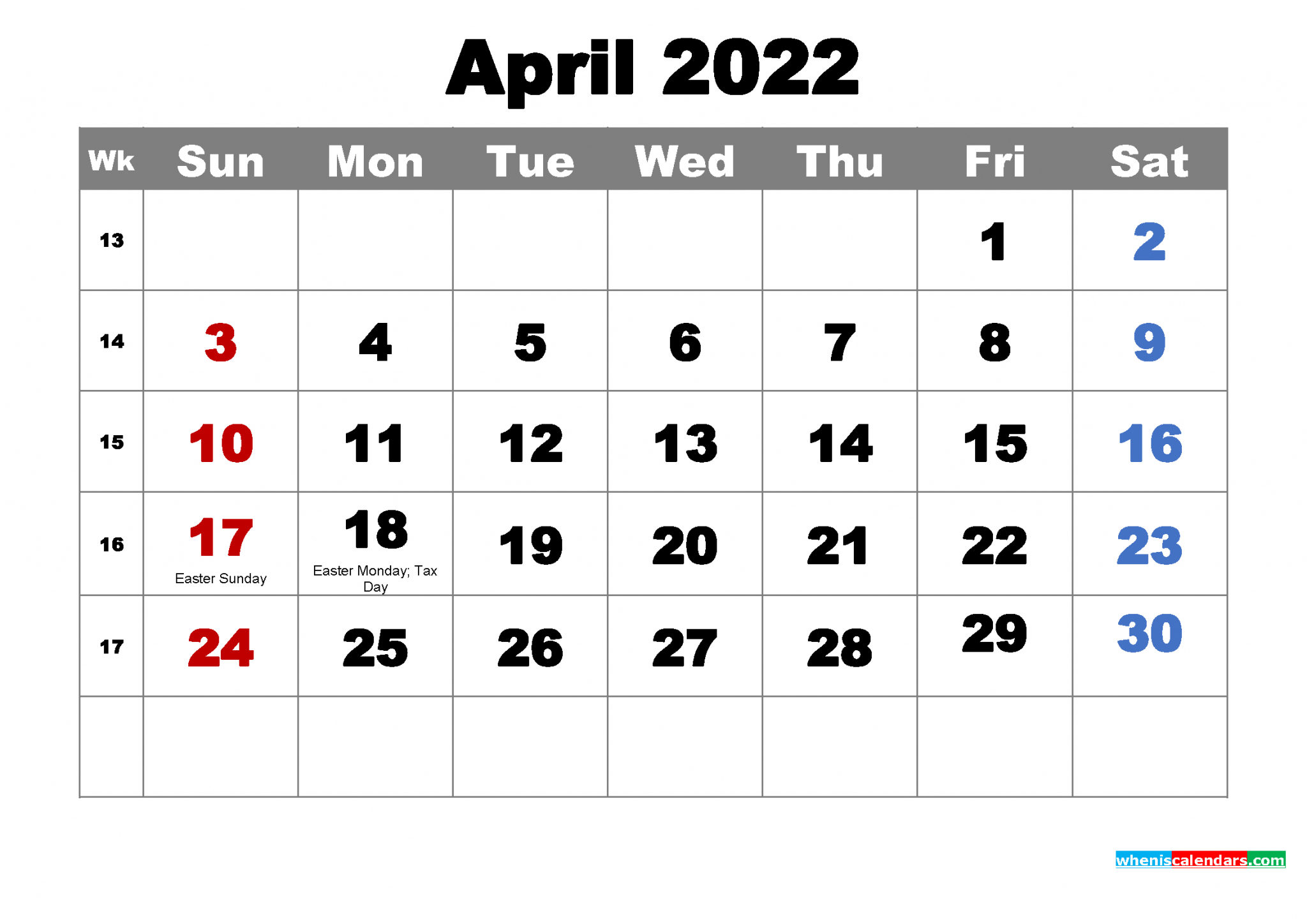 Free April 2022 Calendar With Holidays Printable