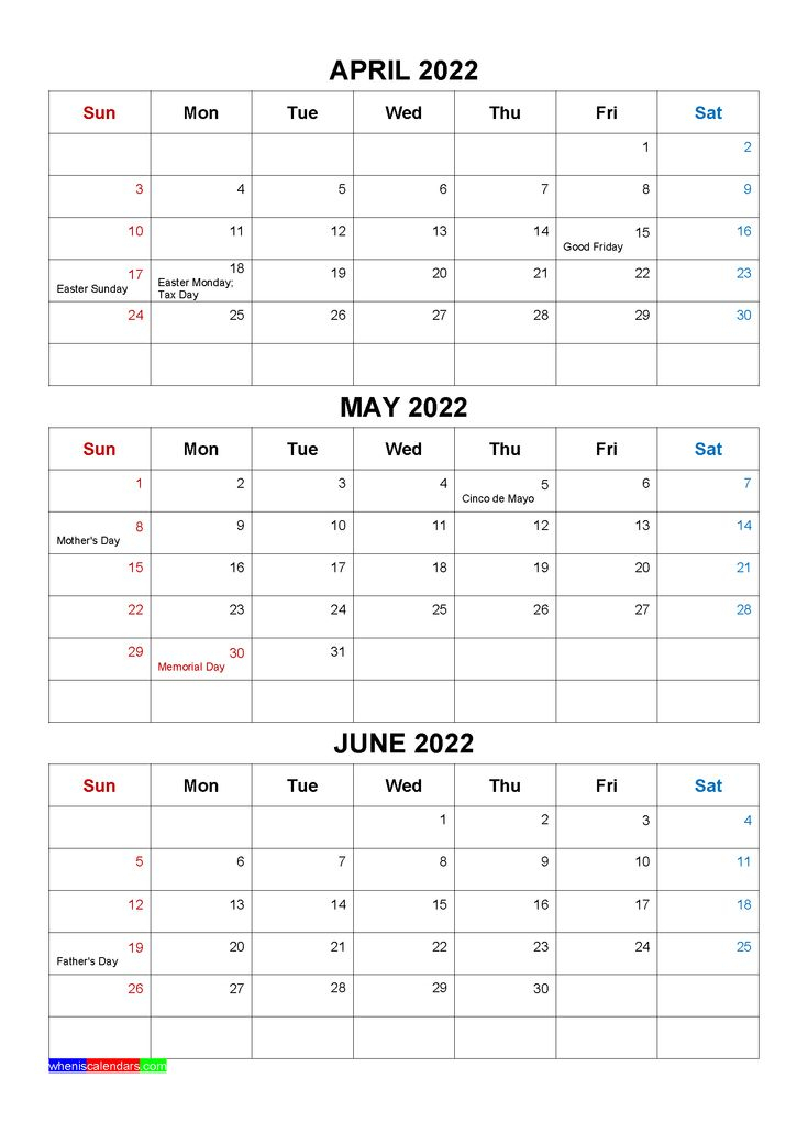 Free April May June 2022 Calendar With Holidays [Four