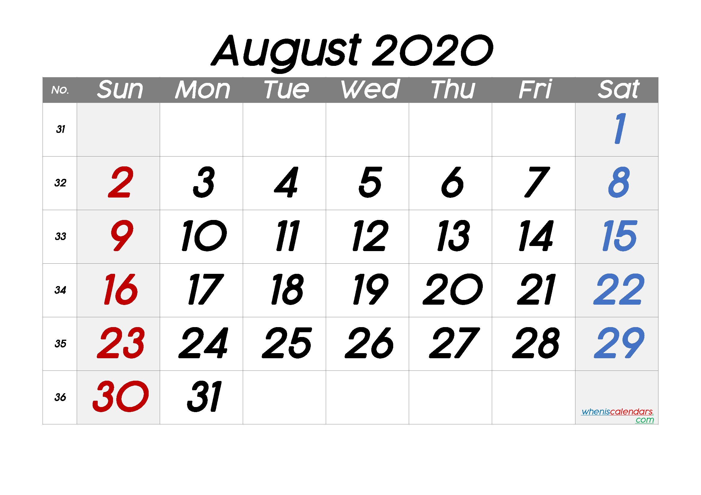 Free August 2020 Calendar With Week Numbers