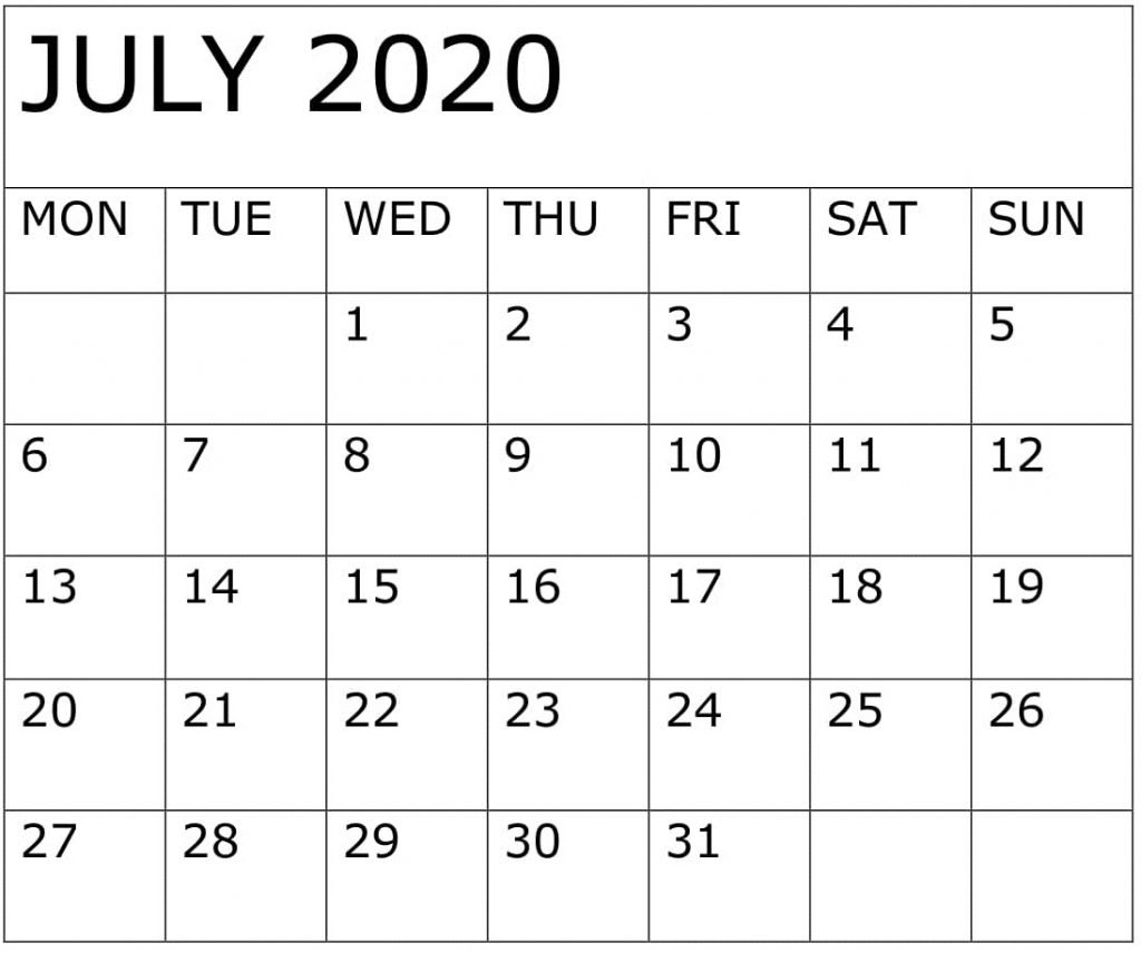 Free Blank July 2020 Calendar Printable In Pdf, Word &amp; Excel