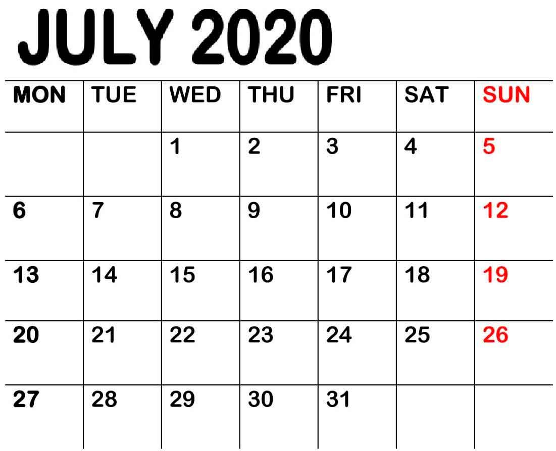 Free Blank July 2020 Calendar Printable Template Holidays