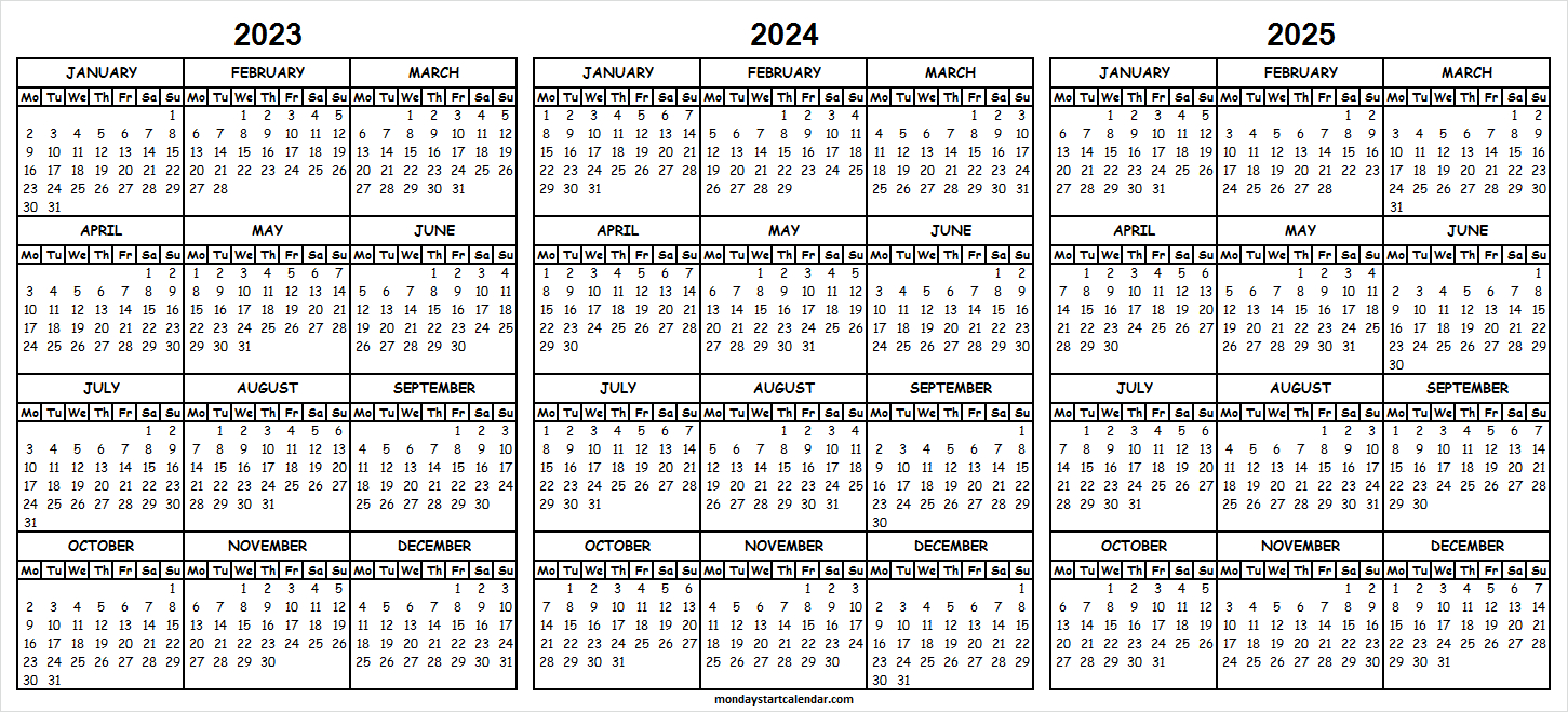 Free Calendar 2023 2024 2025 Template | Printable 3 Year