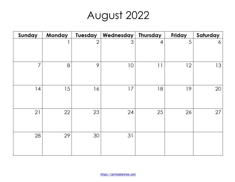 Free Download Blank Printable Calendar August 2022 Pdf