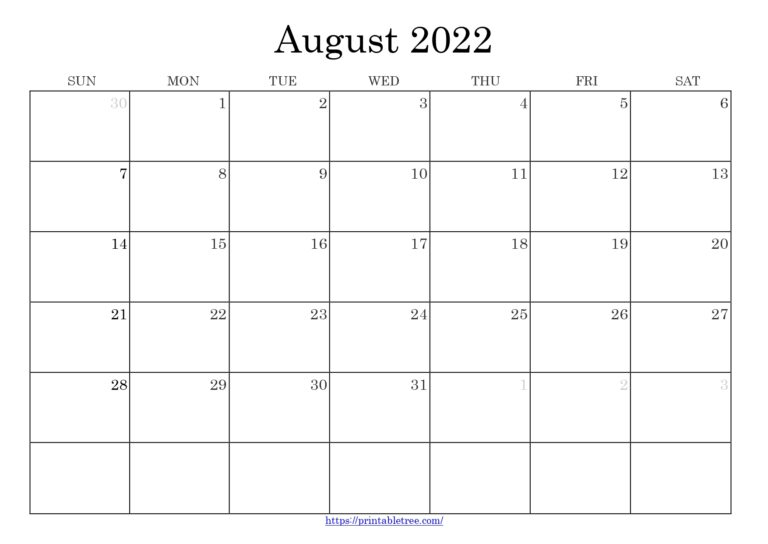 Free Download Blank Printable Calendar August 2022 Pdf