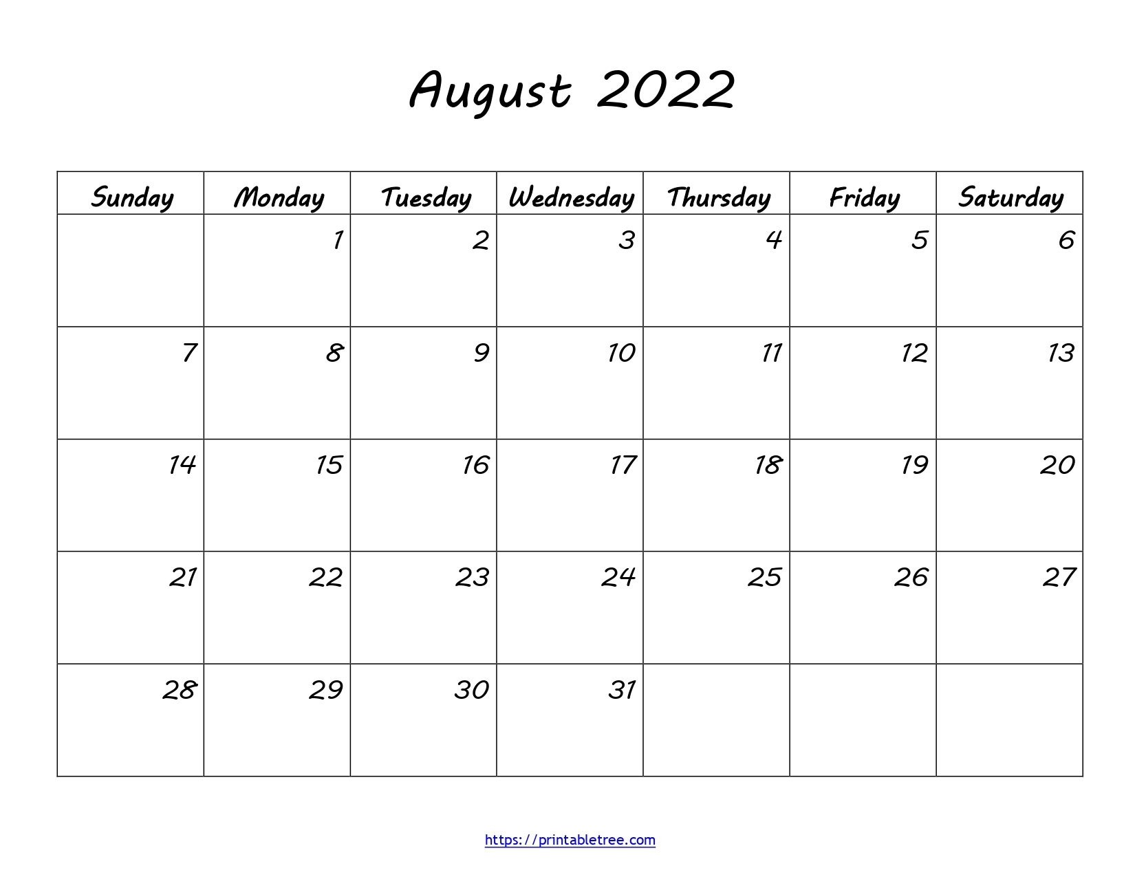 Free Download Blank Printable Calendar August 2022 Pdf