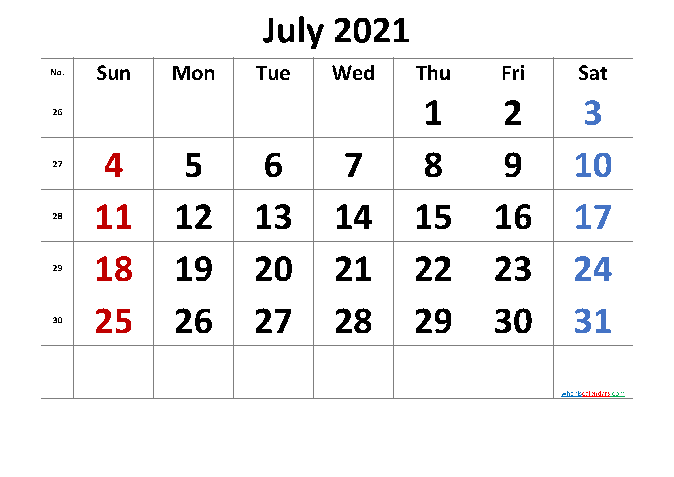 Free July 2021 Calendar With Week Numbers