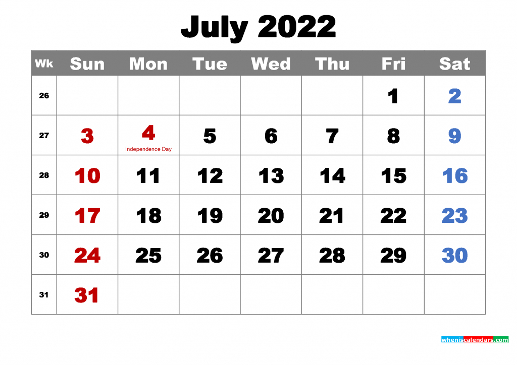 Free July 2022 Calendar With Holidays Printable