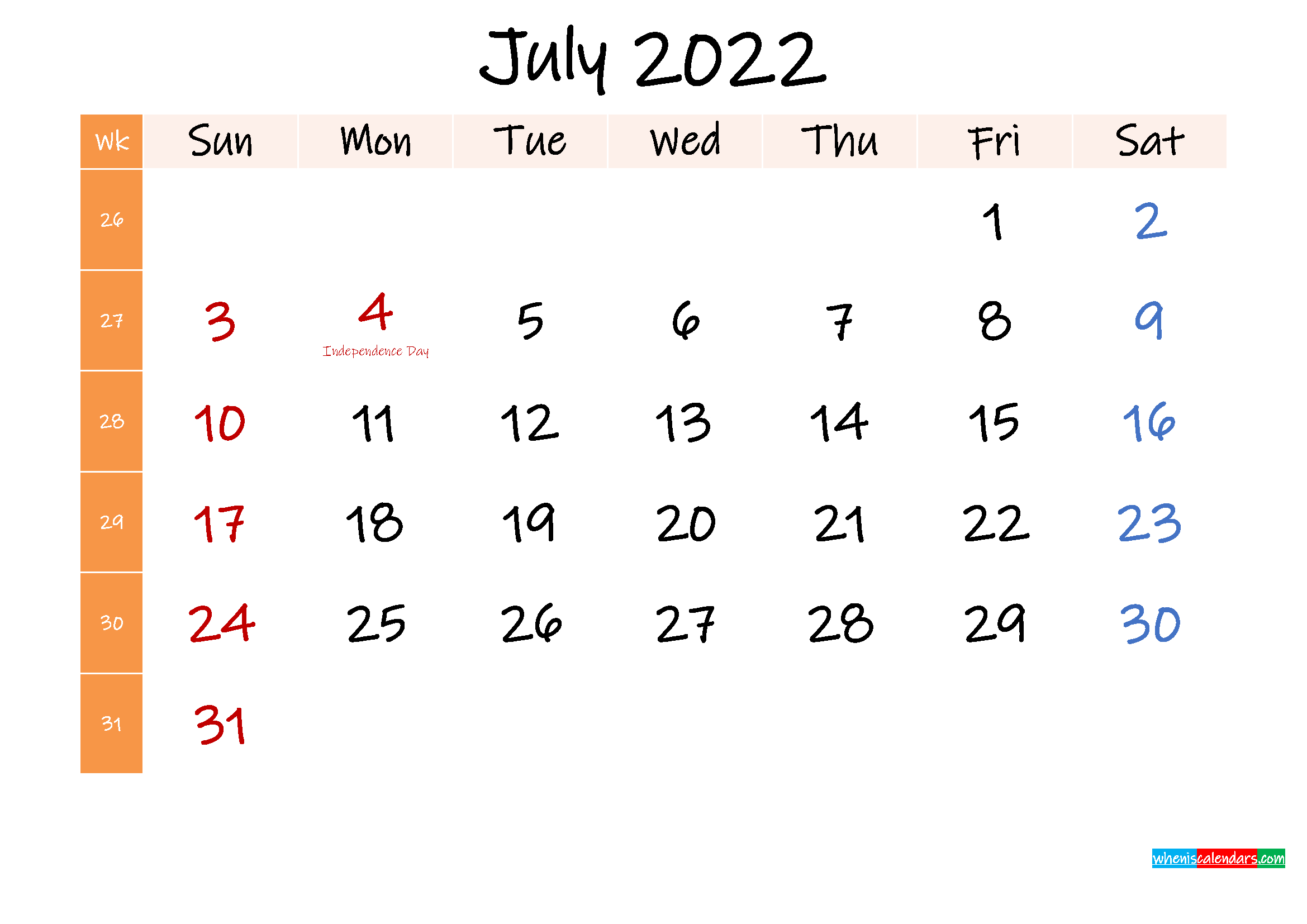 Free July 2022 Monthly Calendar Template Word - Template