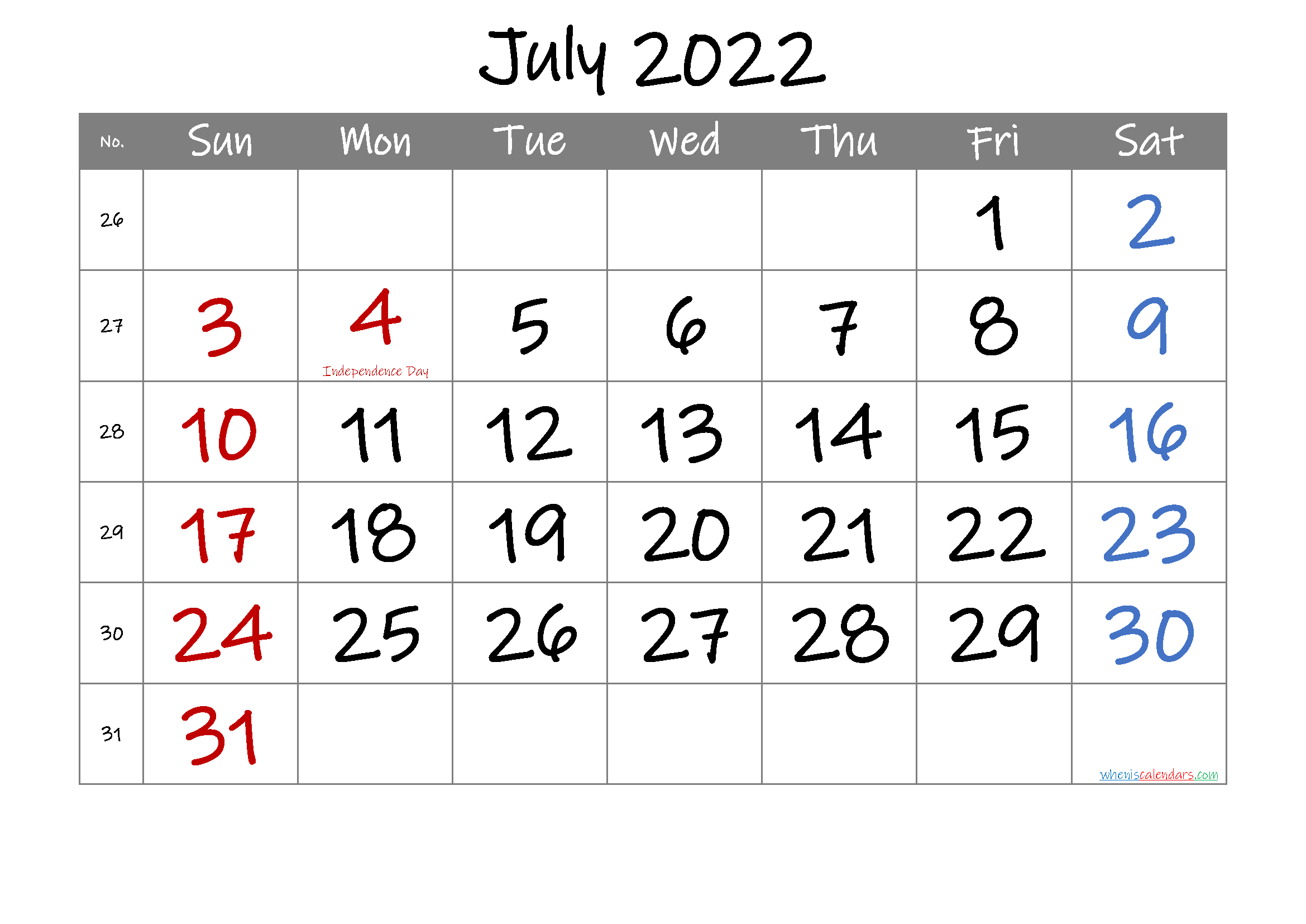 Free July 2022 Printable Calendar With Holidays-Template