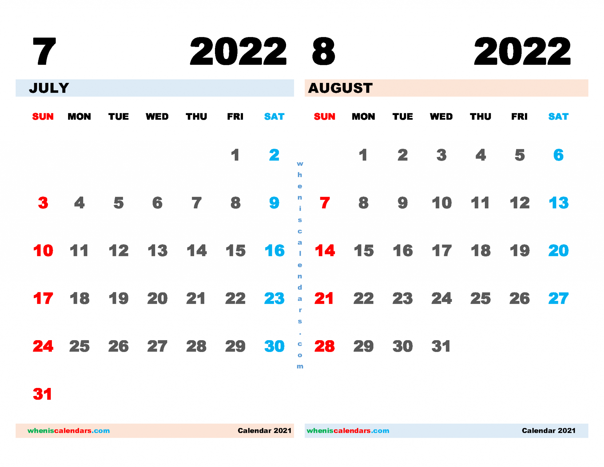 Free July And August 2022 Calendar Printable
