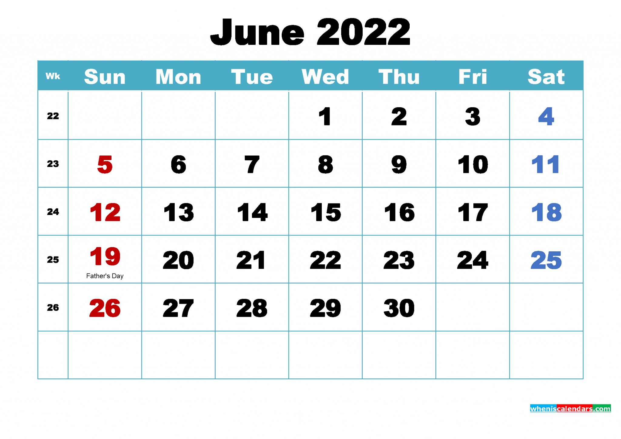 Free June 2022 Calendar With Holidays Printable