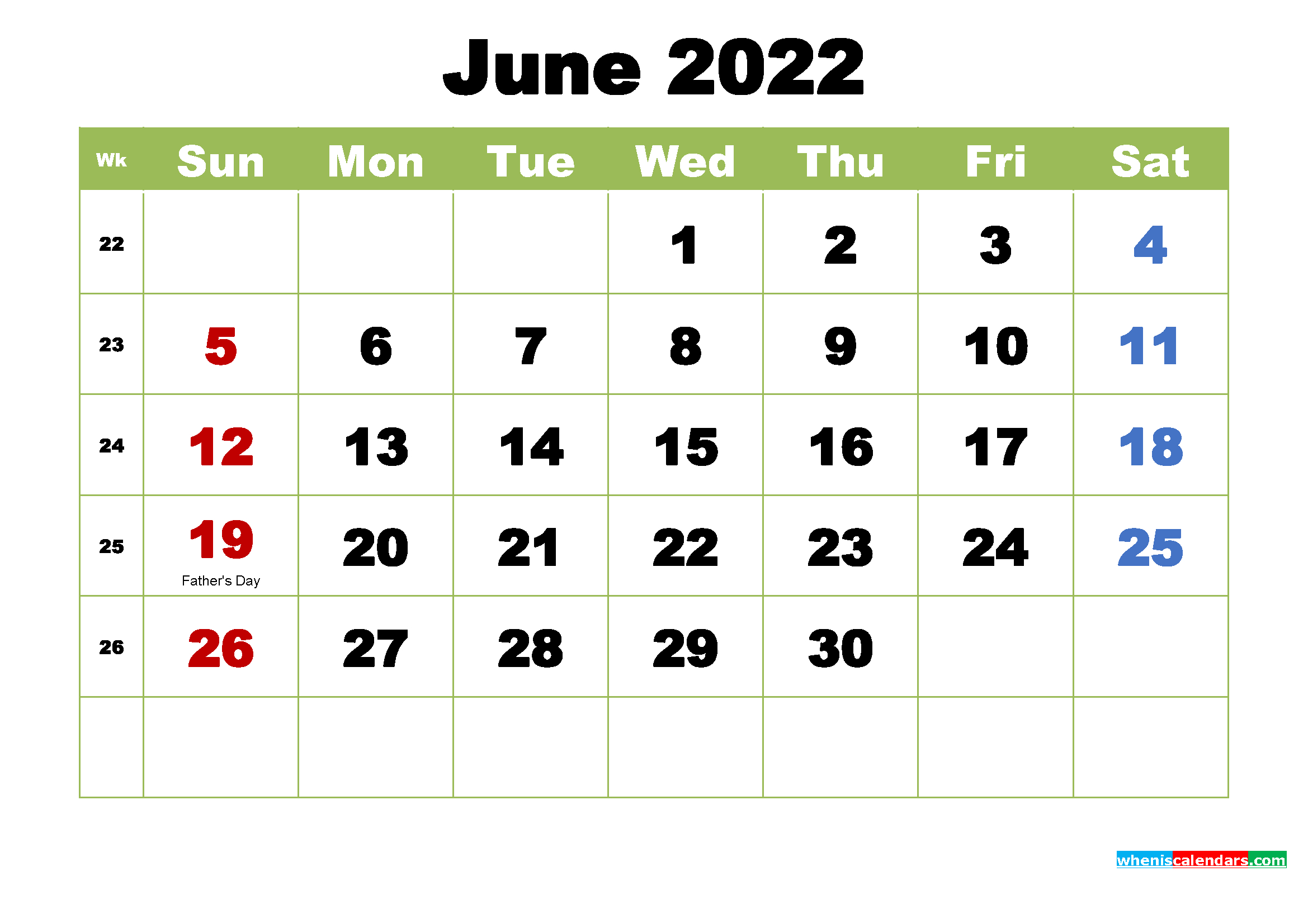 Free June 2022 Printable Calendar With Holidays