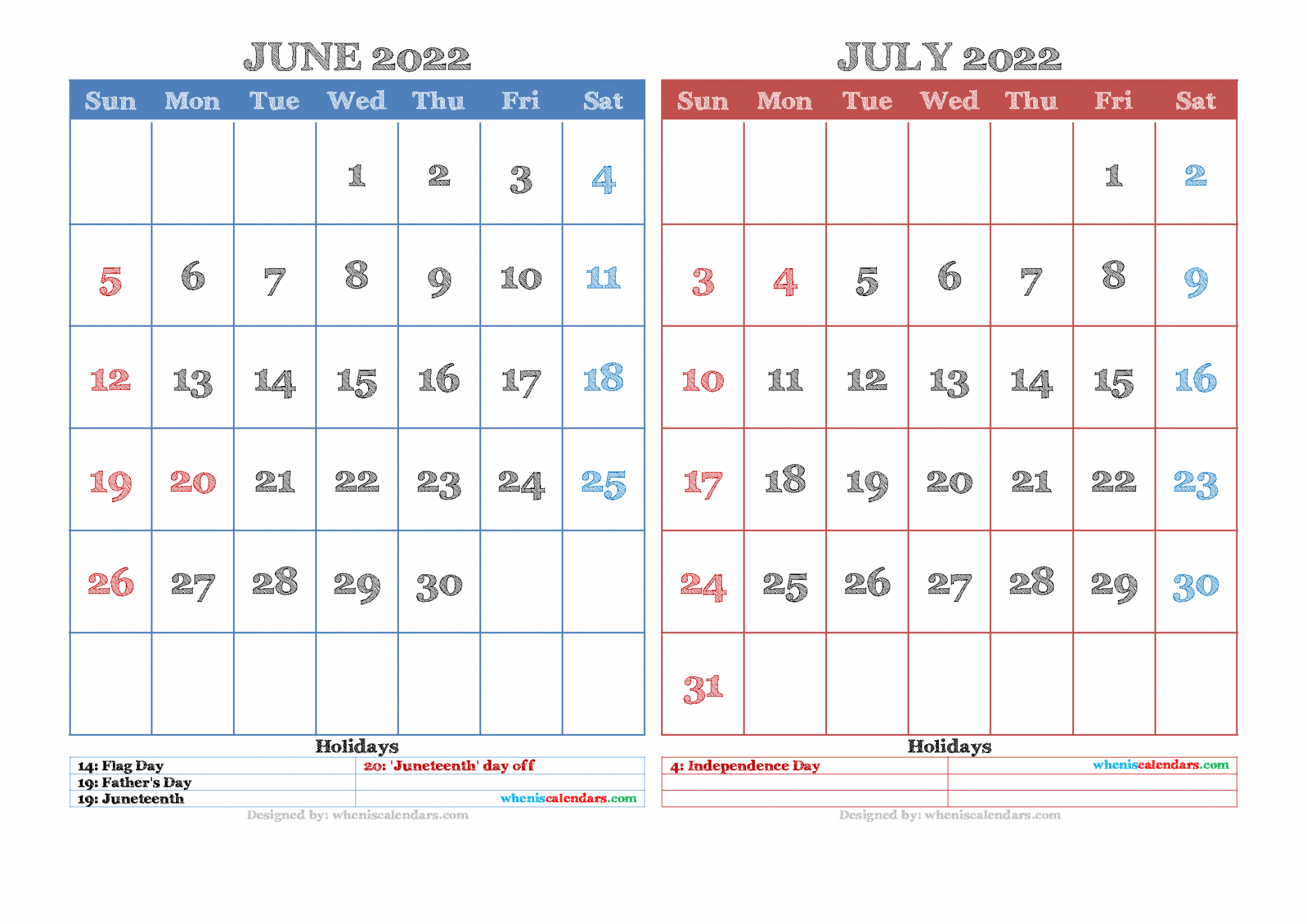 Free June July 2022 Calendar Printable Pdf