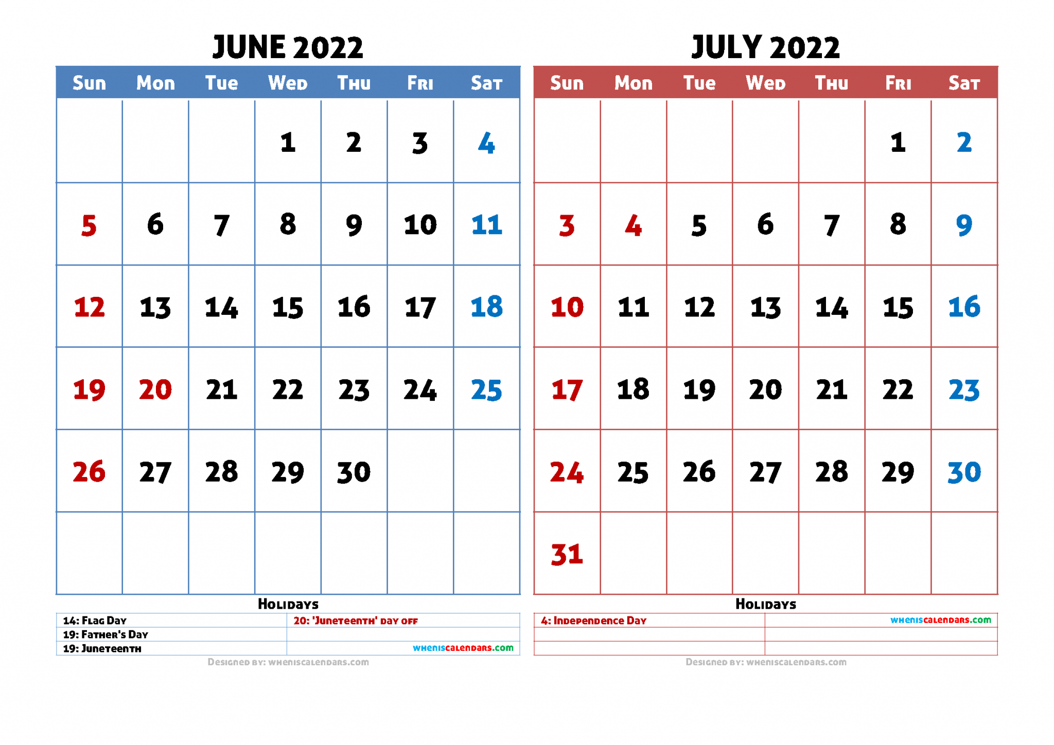 Free June July 2022 Calendar Printable Pdf