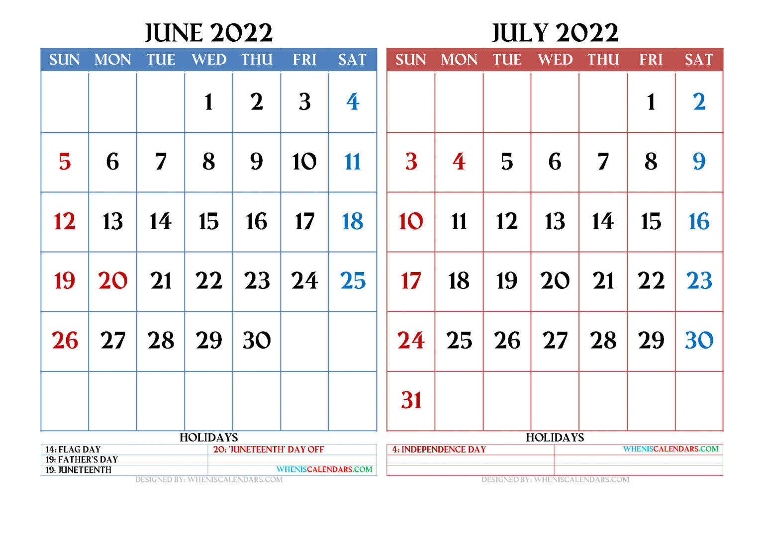 Free June July 2022 Calendar Printable Pdf