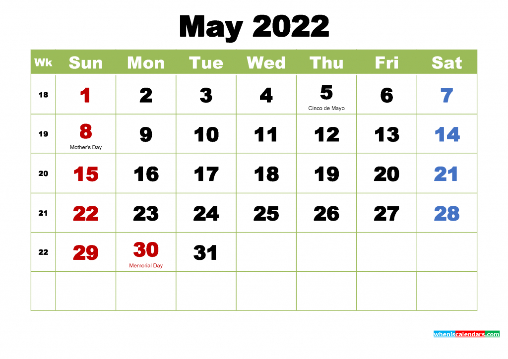 Free May 2022 Calendar With Holidays Printable