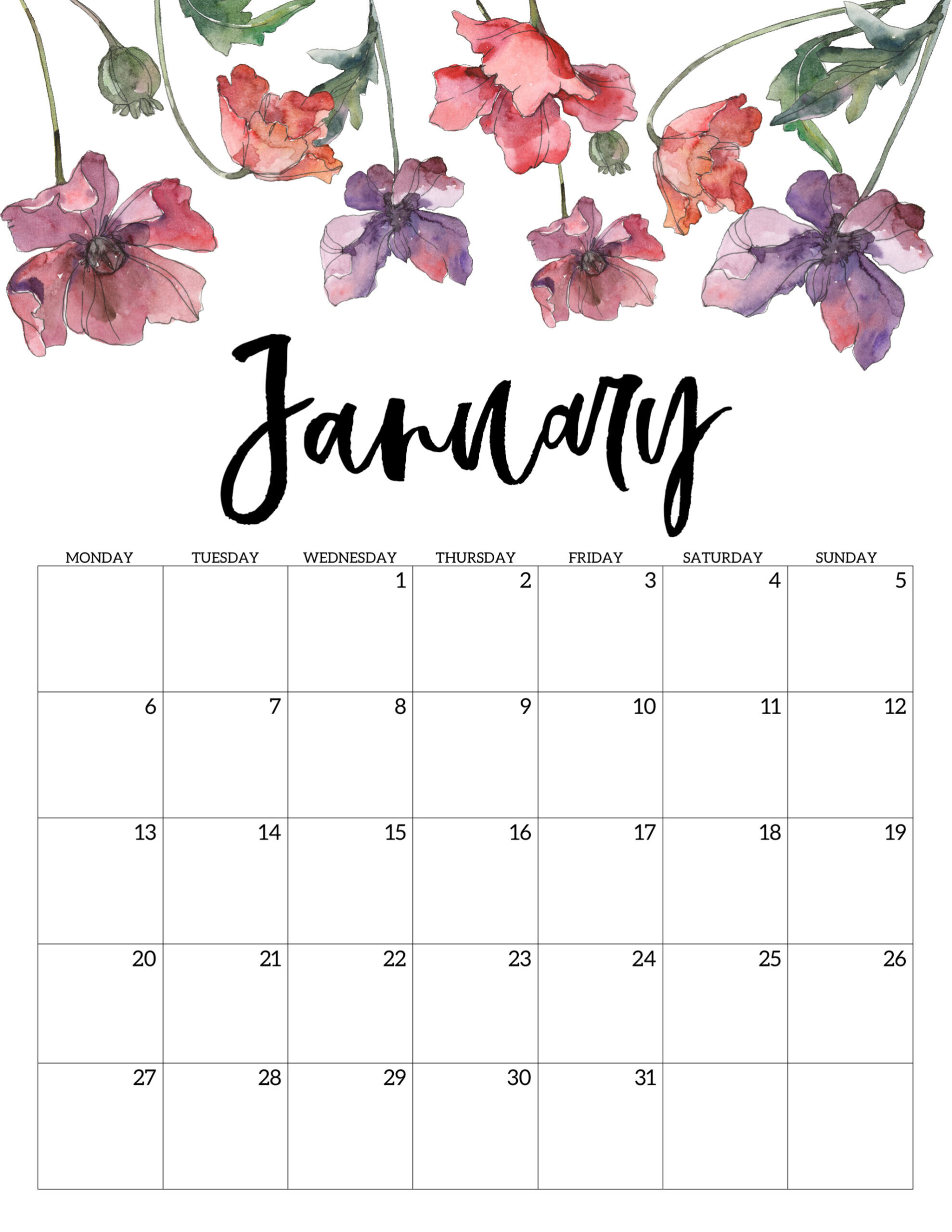 Free Printable 2020 Monday Start Calendar {Floral} | Paper