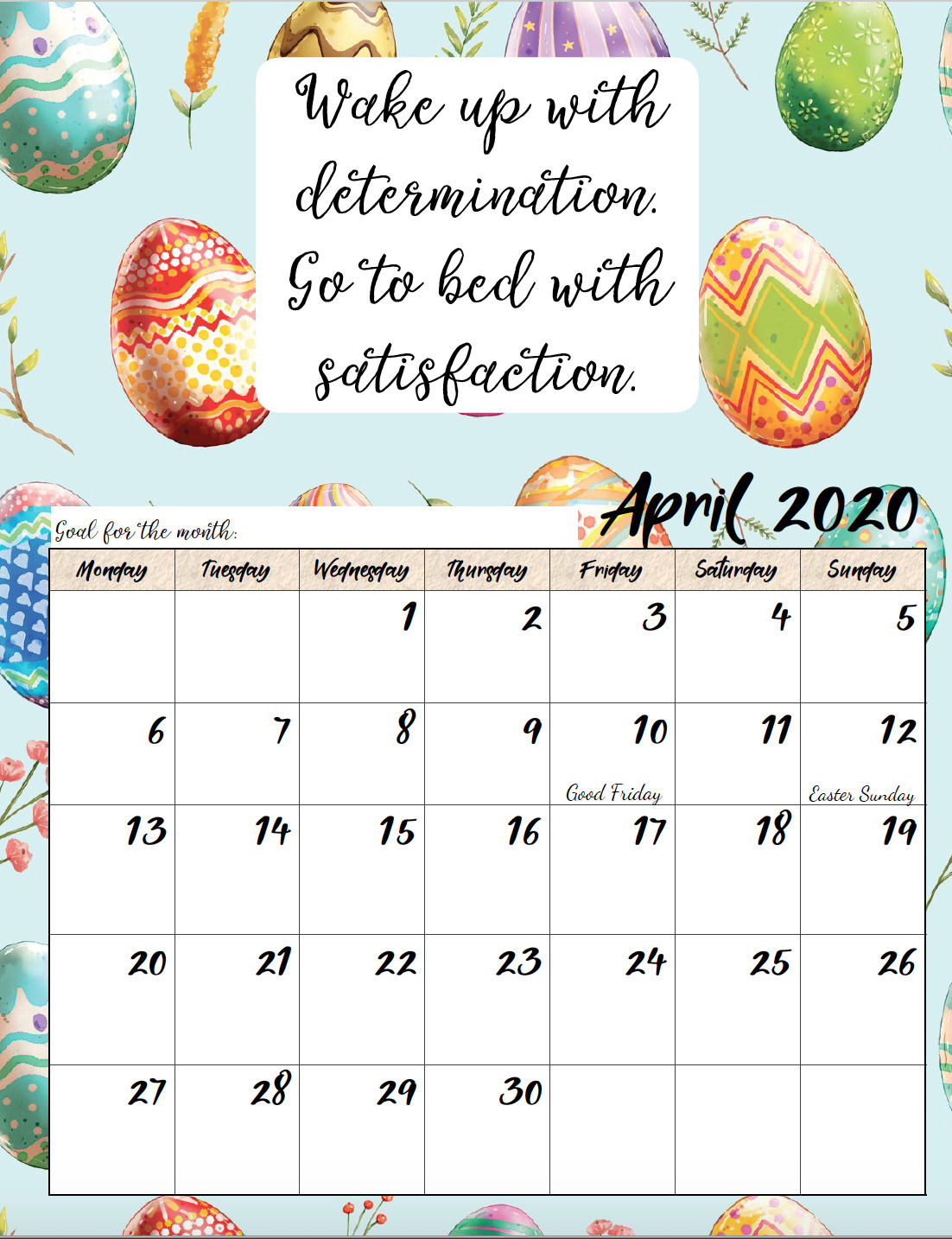 Free Printable 2020 Monday Start Monthly Motivational Calendar