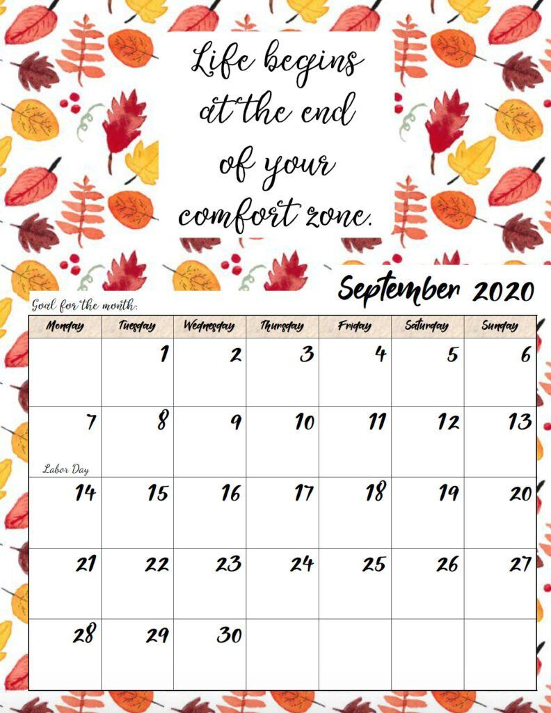 Free Printable 2020 Monday Start Monthly Motivational