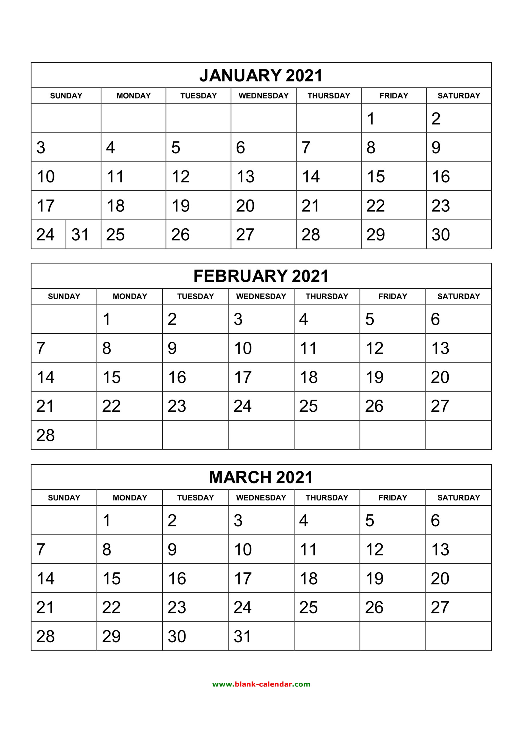 Free Printable 2021 Calendar 3 Months Per Page