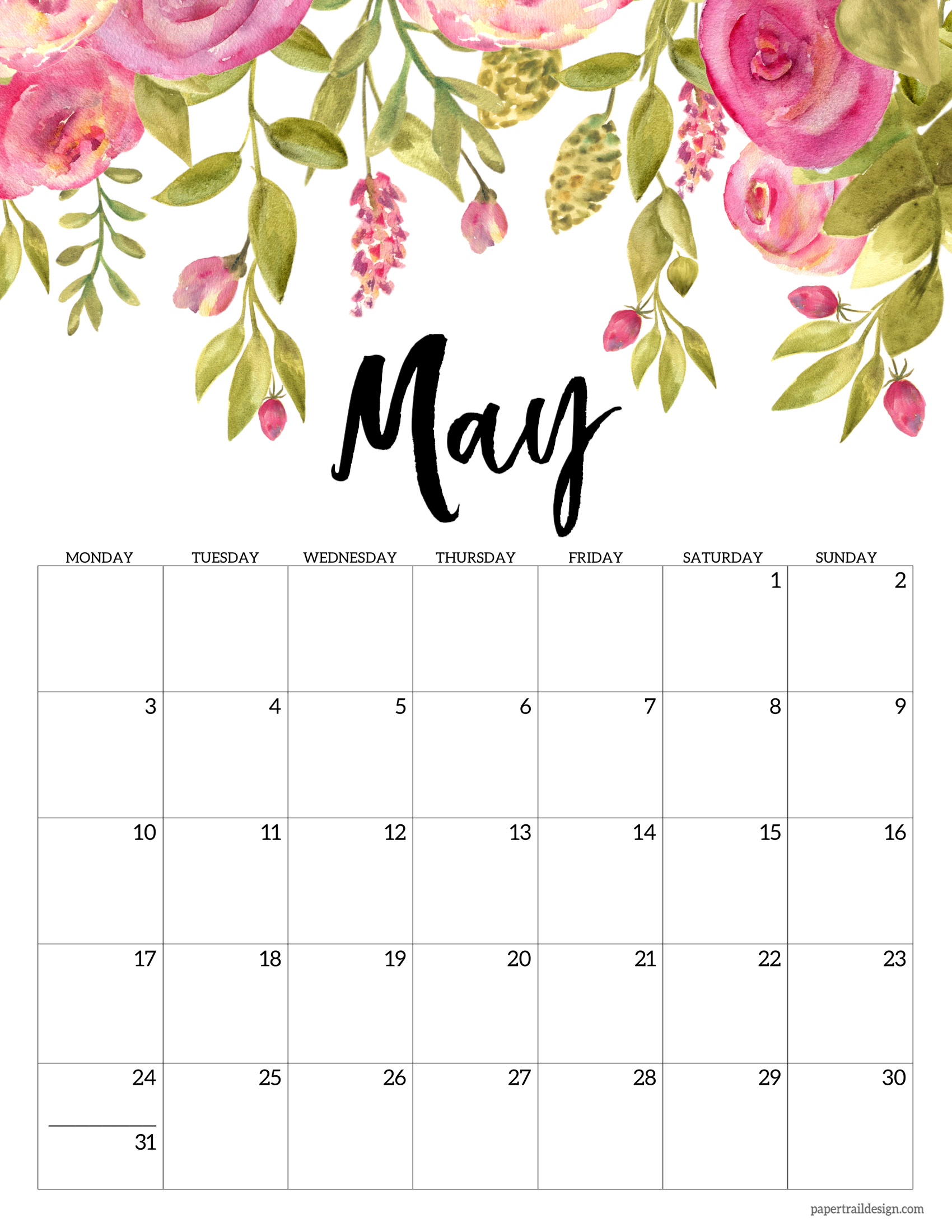 Free Printable 2021 Floral Calendar - Monday Start | Paper