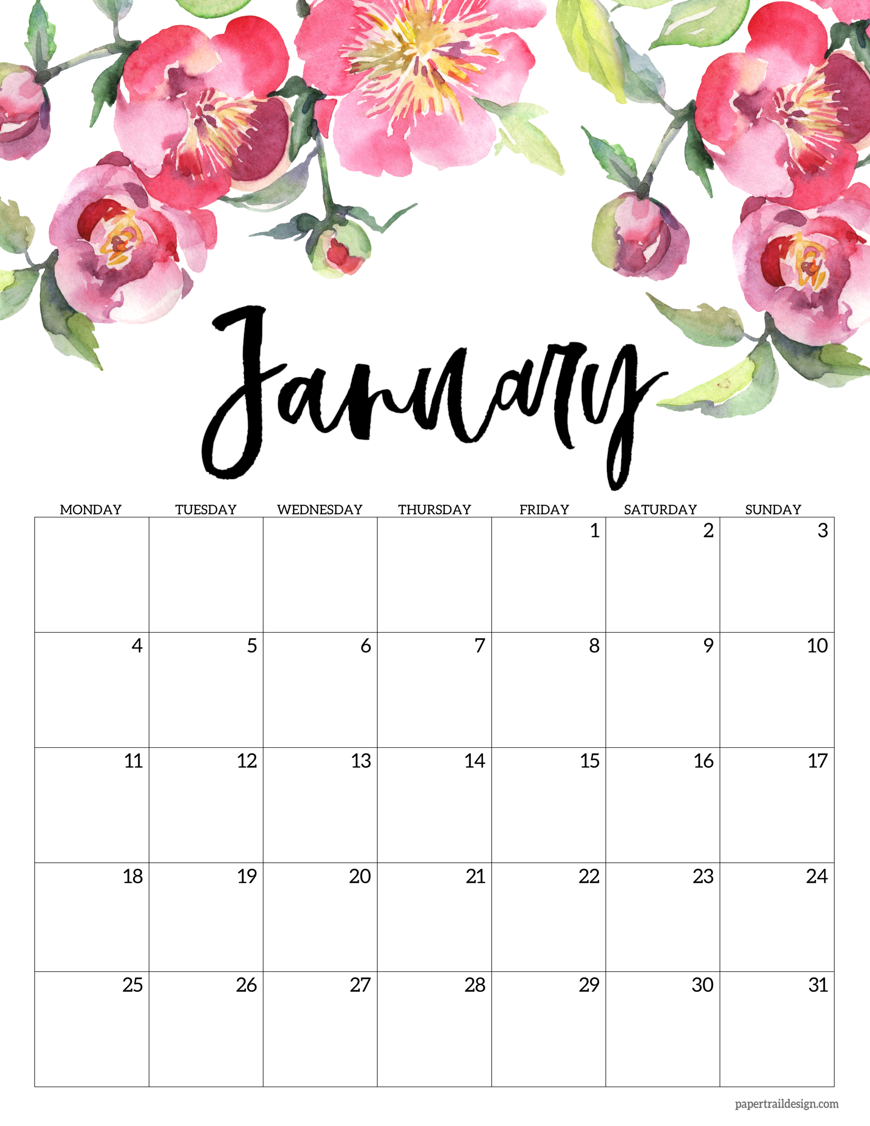 Free Printable 2021 Floral Calendar - Monday Start | Paper