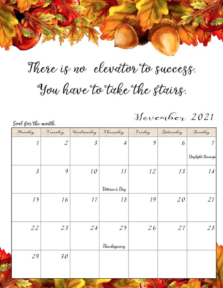 Free Printable 2021 Monday Start Monthly Motivational