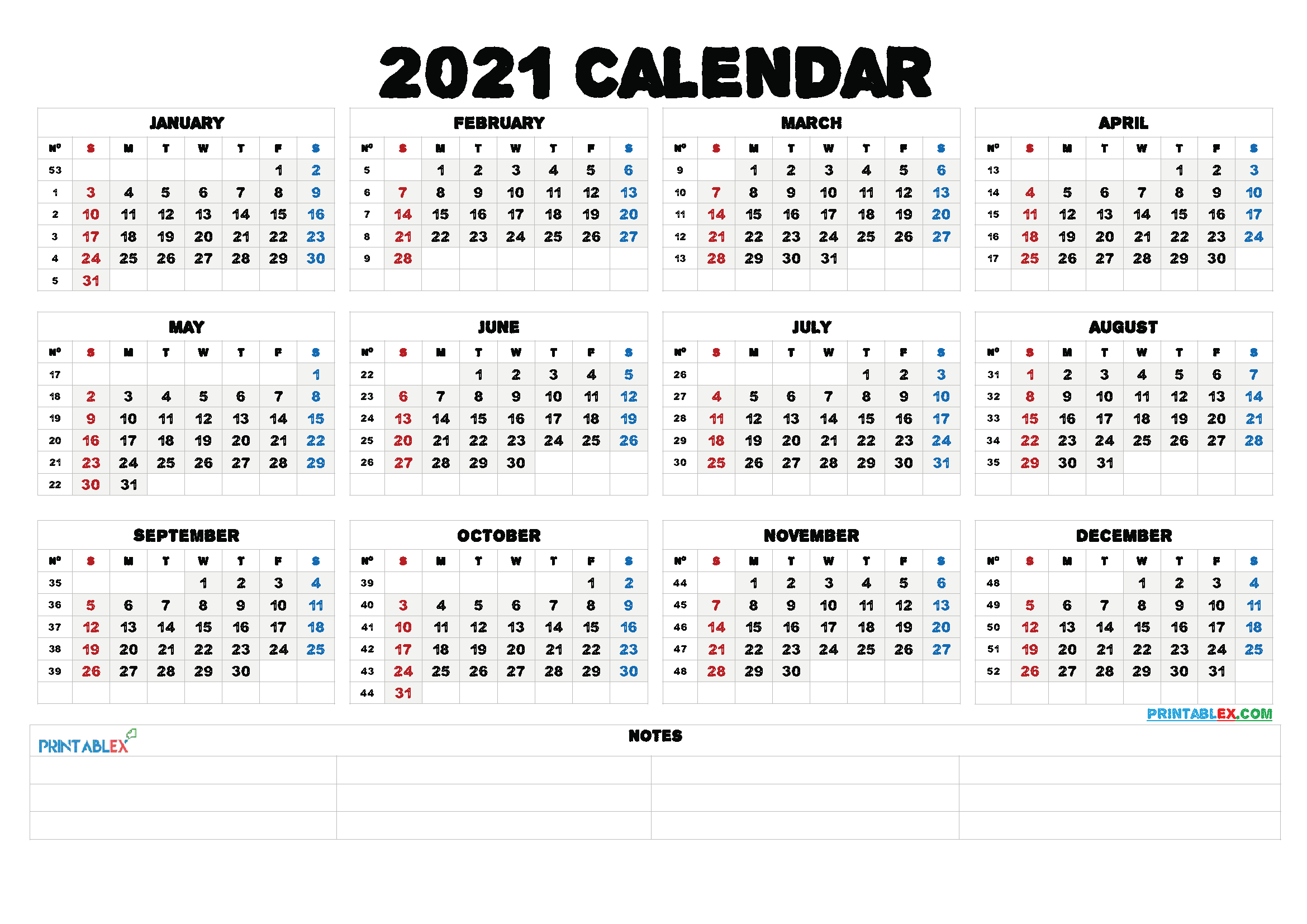 Free Printable 2021 Yearly Calendar With Week Numbers
