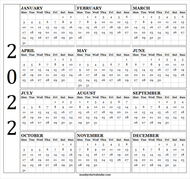 Free Printable 2022 Calendar Monday Start | Free January