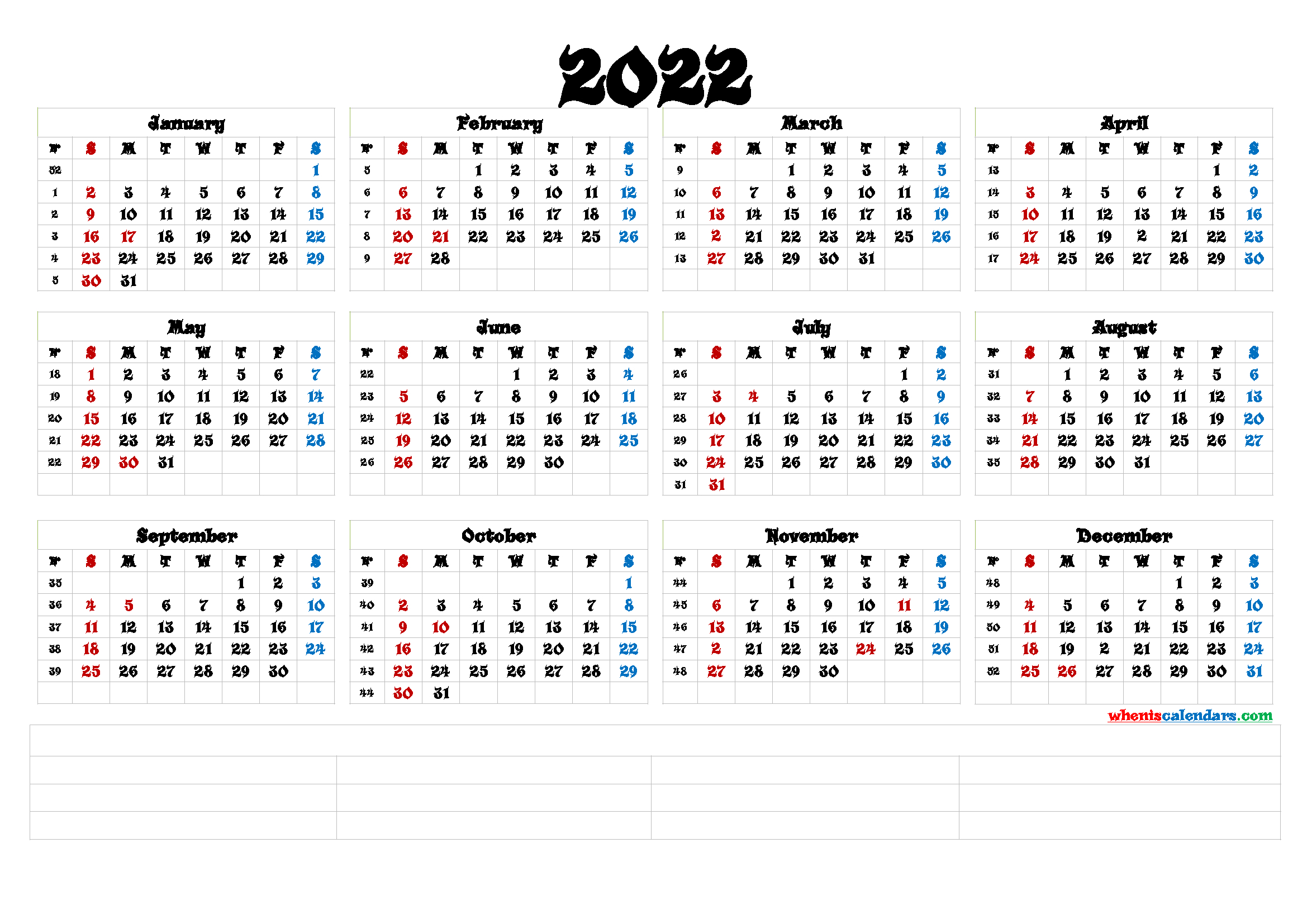 Free Printable 2022 Yearly Calendar (6 Templates)