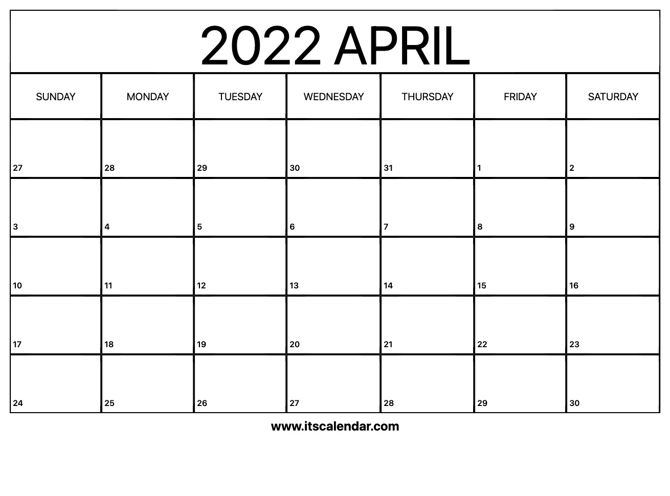 Free Printable April 2022 Calendar