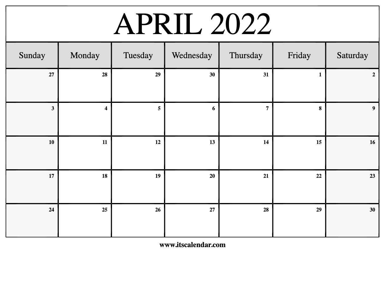 Free Printable April 2022 Calendar