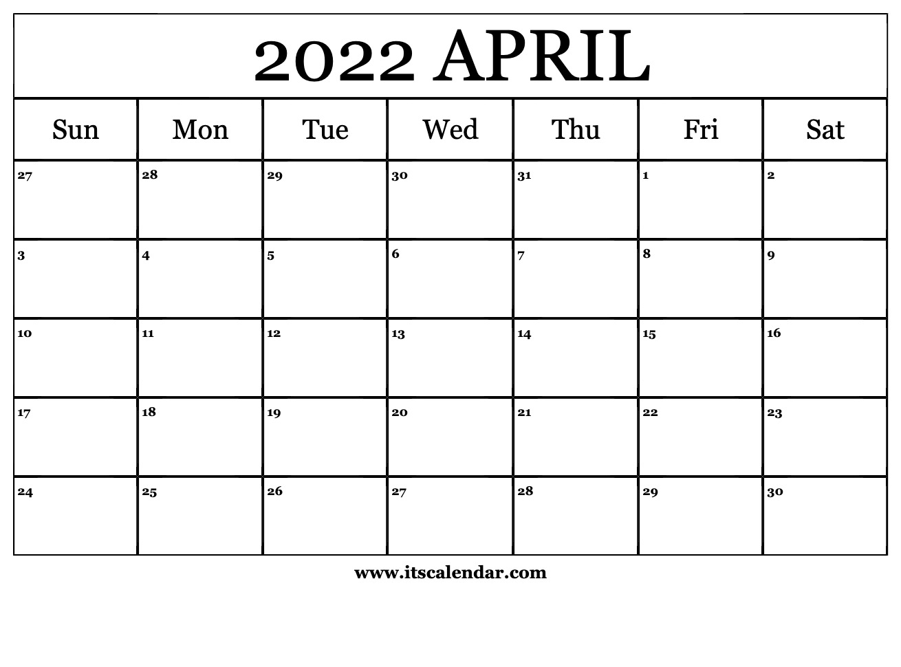 Free Printable April 2022 Calendar