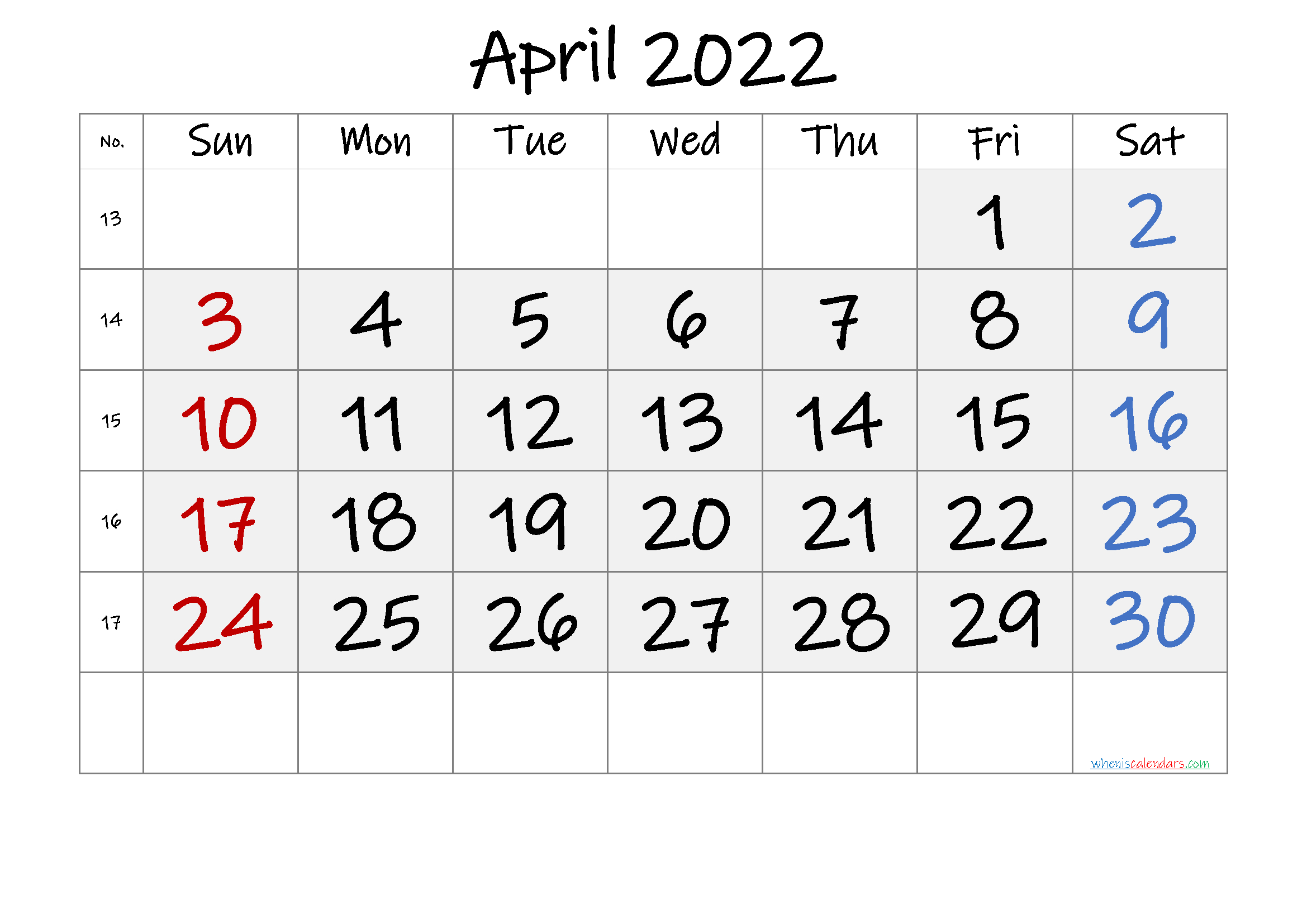 Free Printable April 2022 Calendar - Font: Ink Free