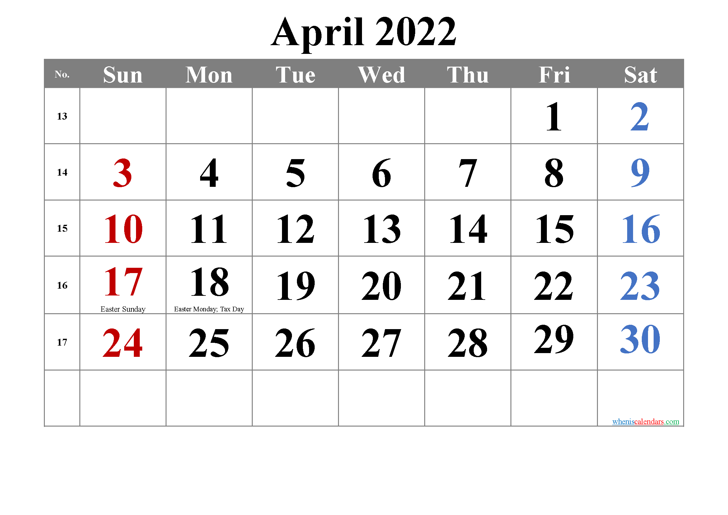 Calendar Template April 2022 Month Calendar Printable