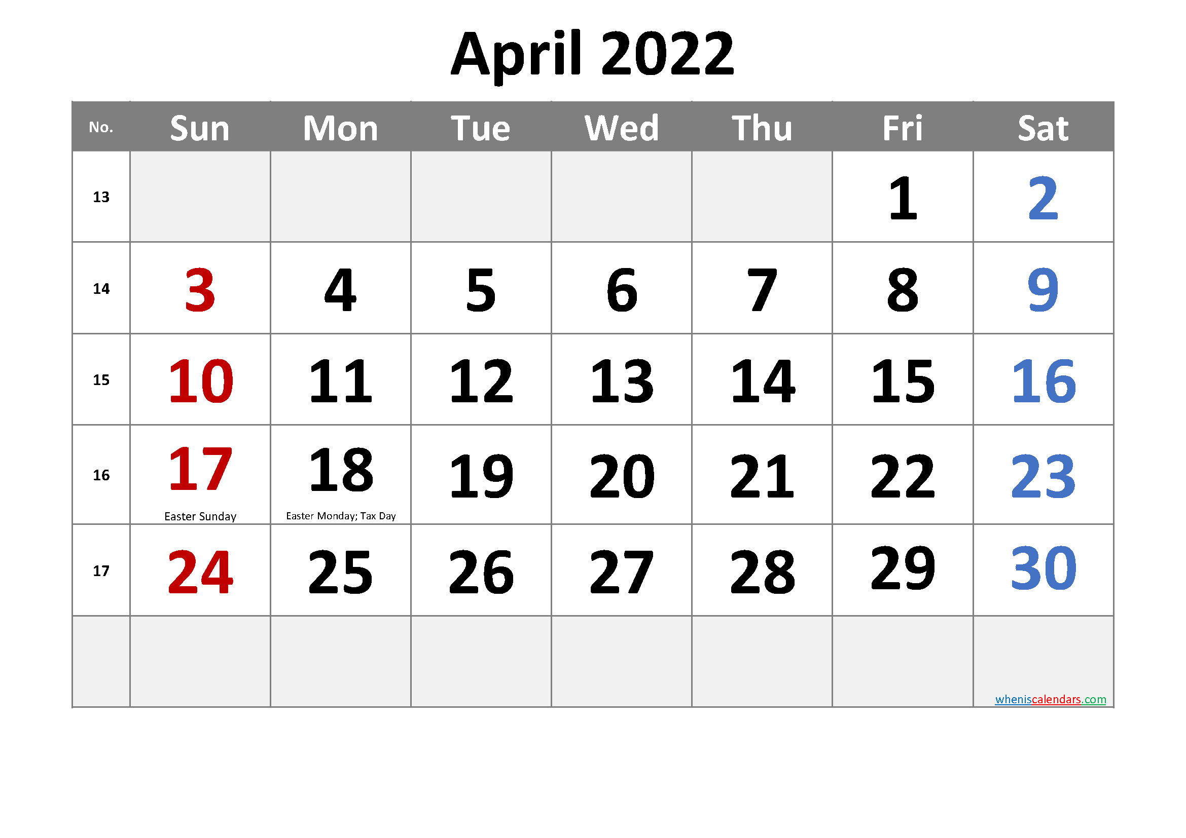 Free Printable April 2022 Calendar With Holidays