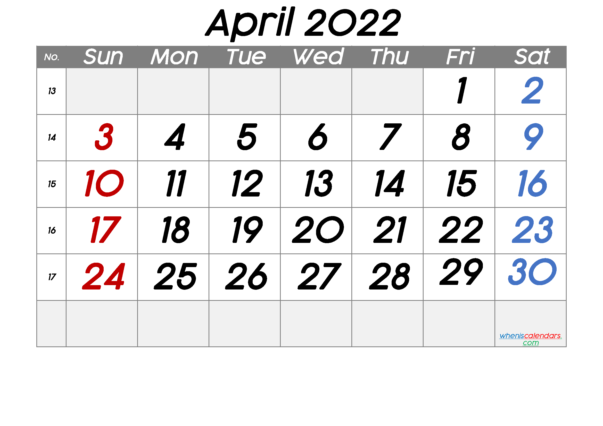 Free Printable April 2022 Calendar With Week Numbers