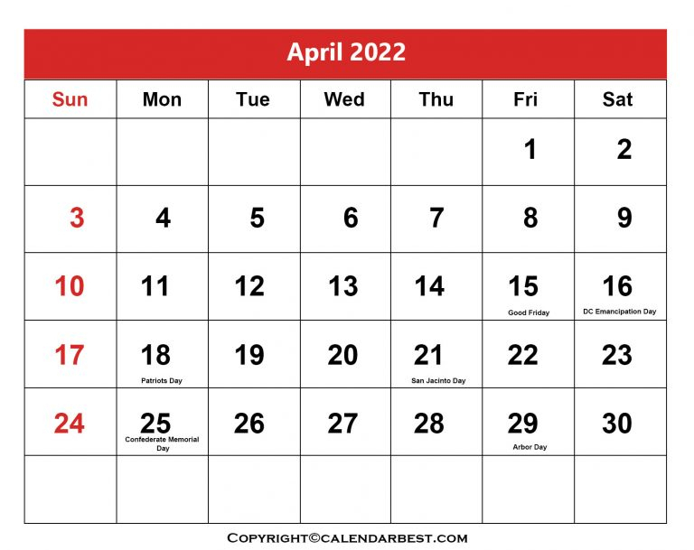 Free Printable April Calendar 2022 With Holidays In Pdf