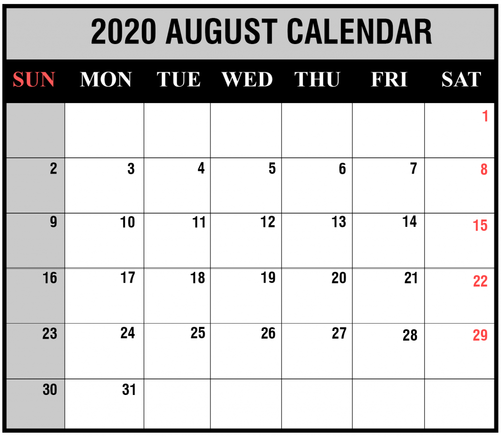 Free Printable August 2020 Calendar Templates [Pdf,Word