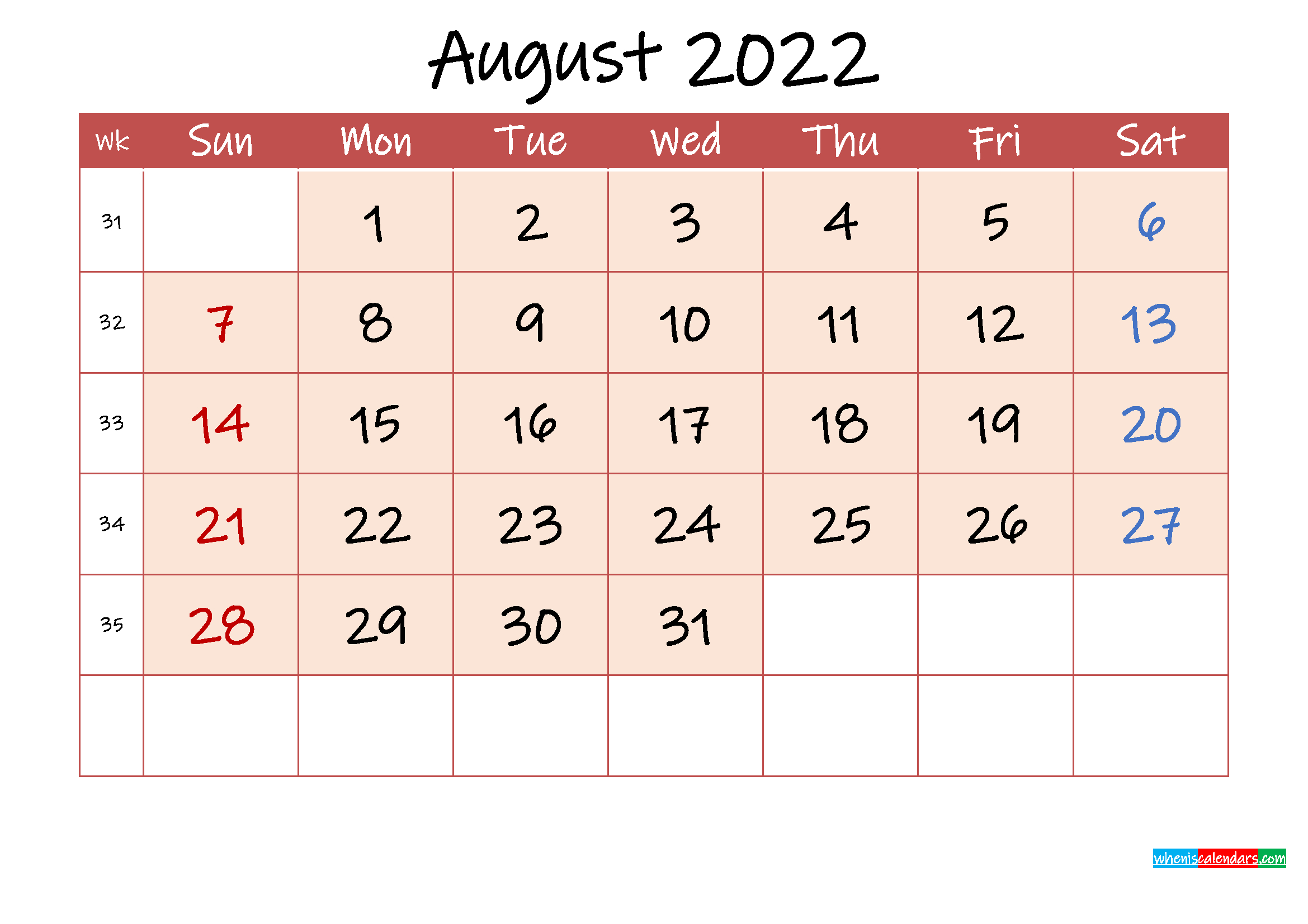 Free Printable August 2021 Calendar With Holidays