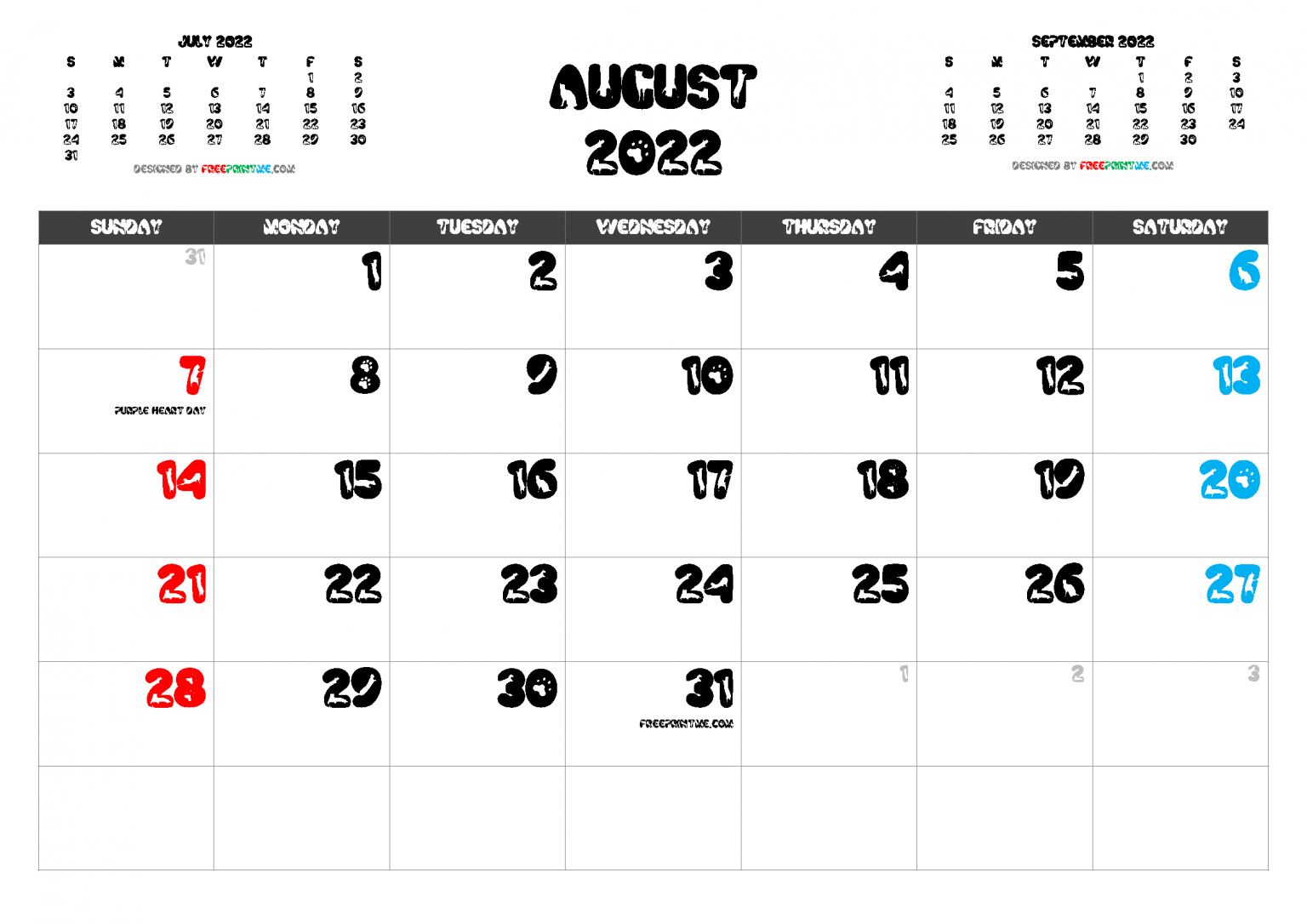 Free Printable August 2022 Calendar With Holidays Pdf, Png