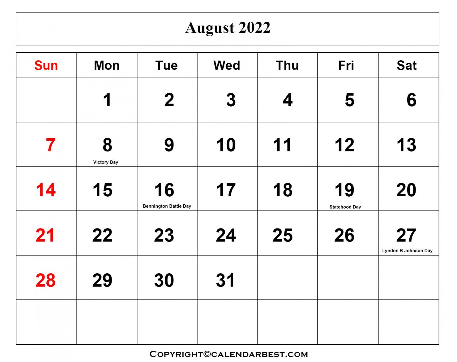 Blank Calendar Template August 2022 Month Calendar Printable