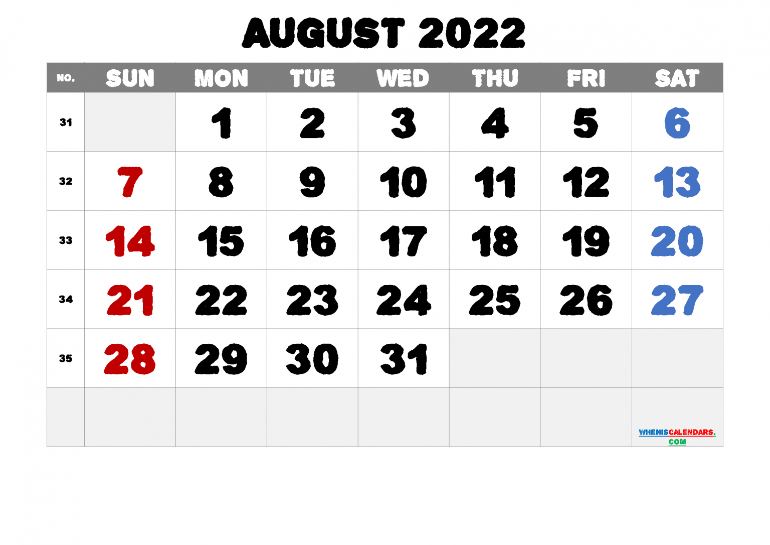 Free Printable Calendar August 2022 With Week Numbers