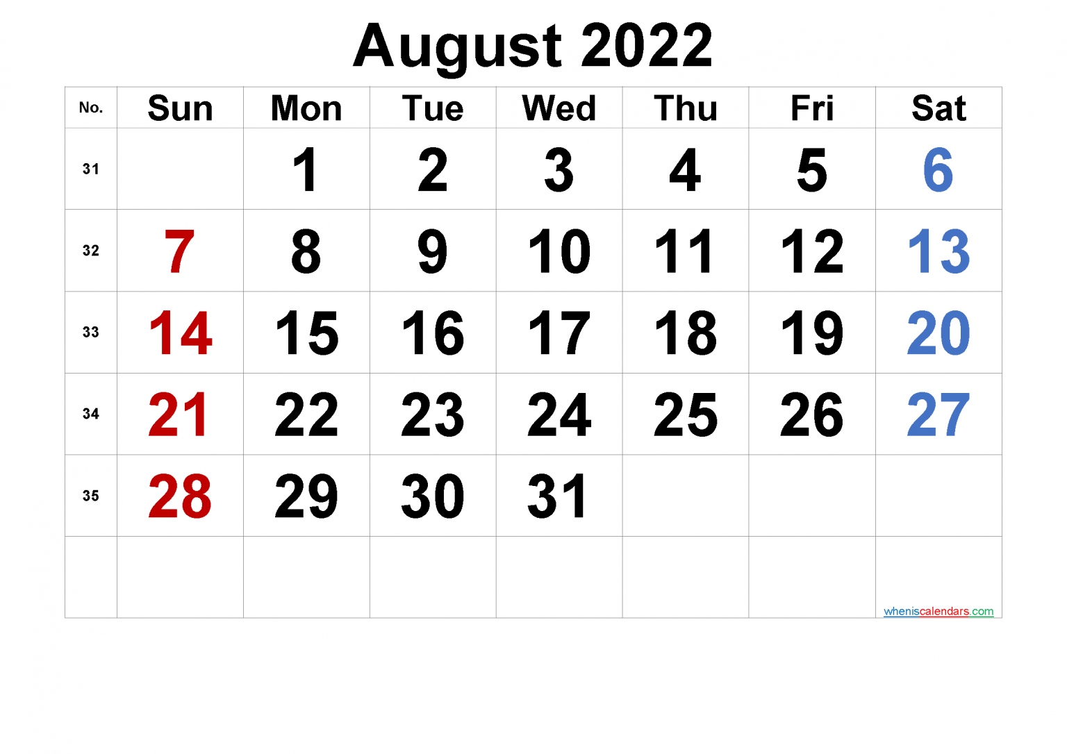 Free Printable Calendar August 2022 With Week Numbers