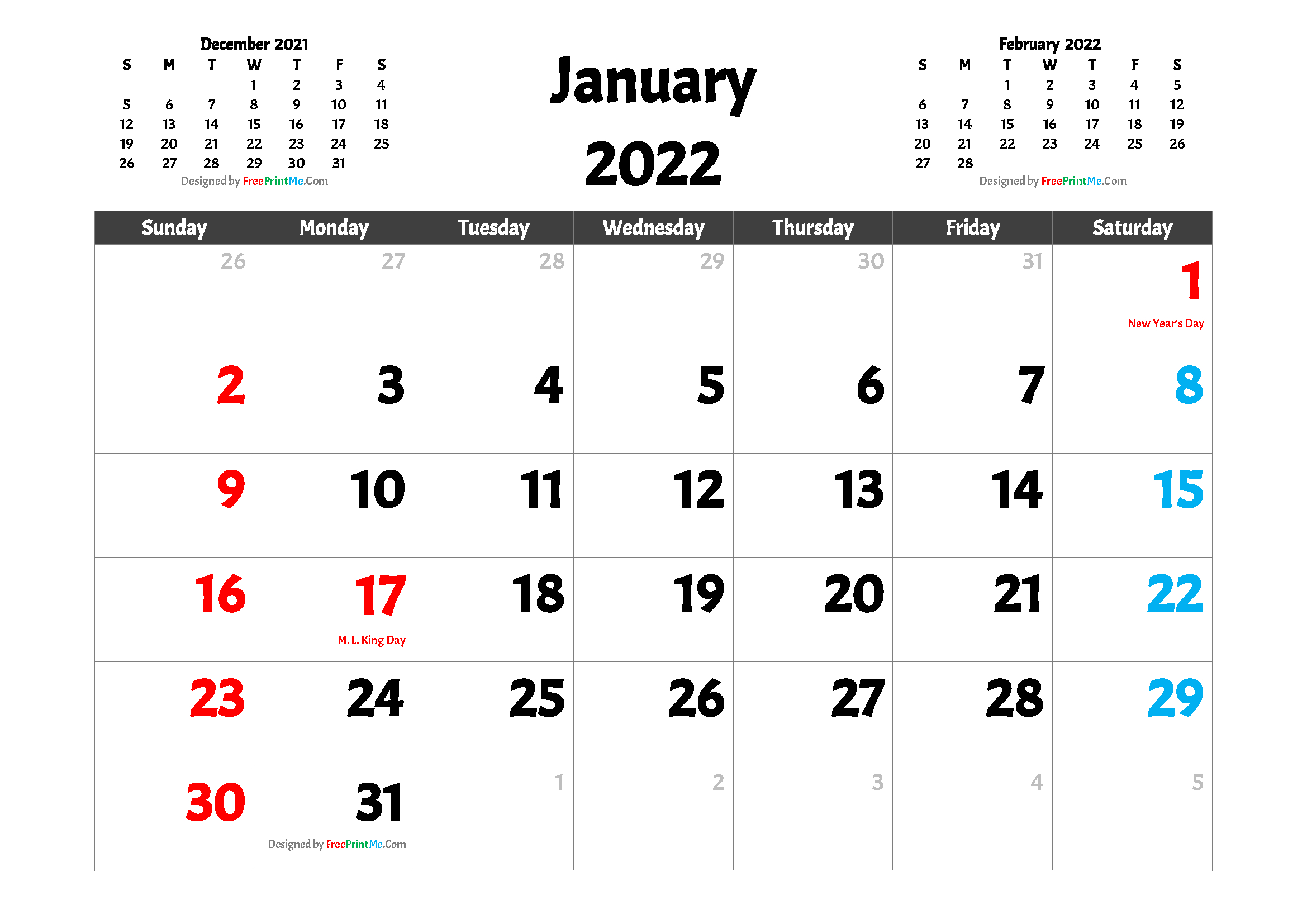 Free Printable January 2022 Calendar With Holidays - 2022