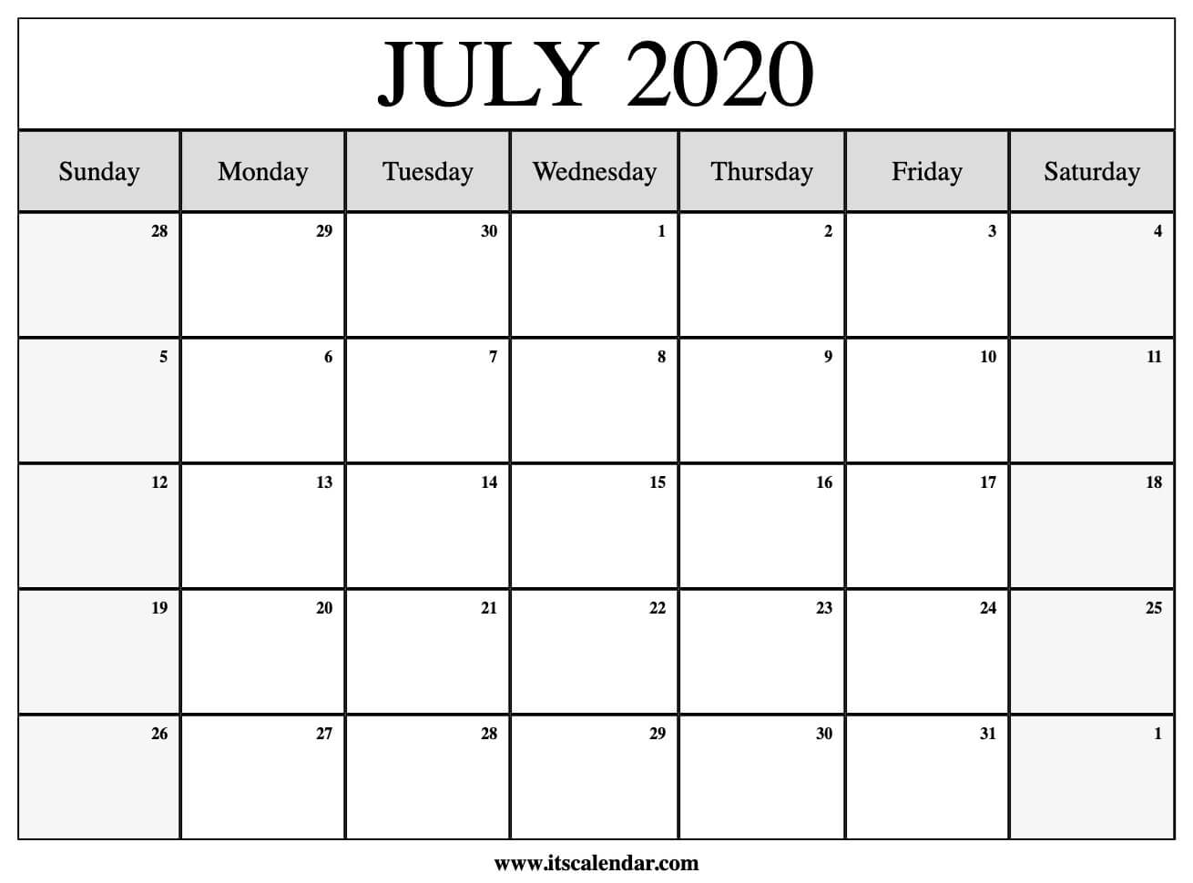 Free Printable July 2020 Calendar