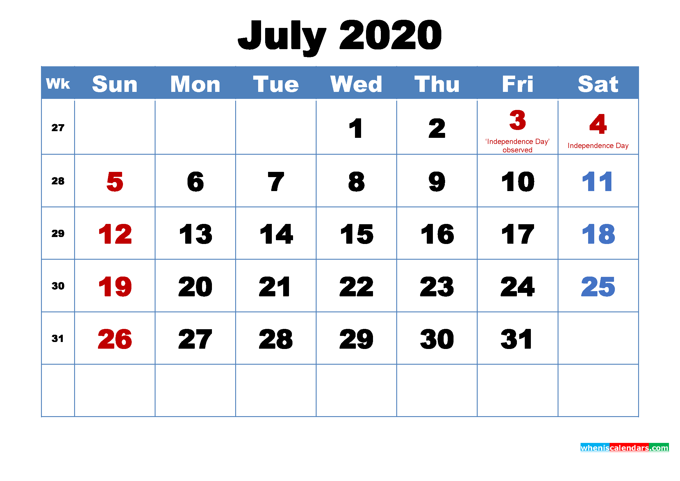 Free Printable July 2020 Calendar With Holidays