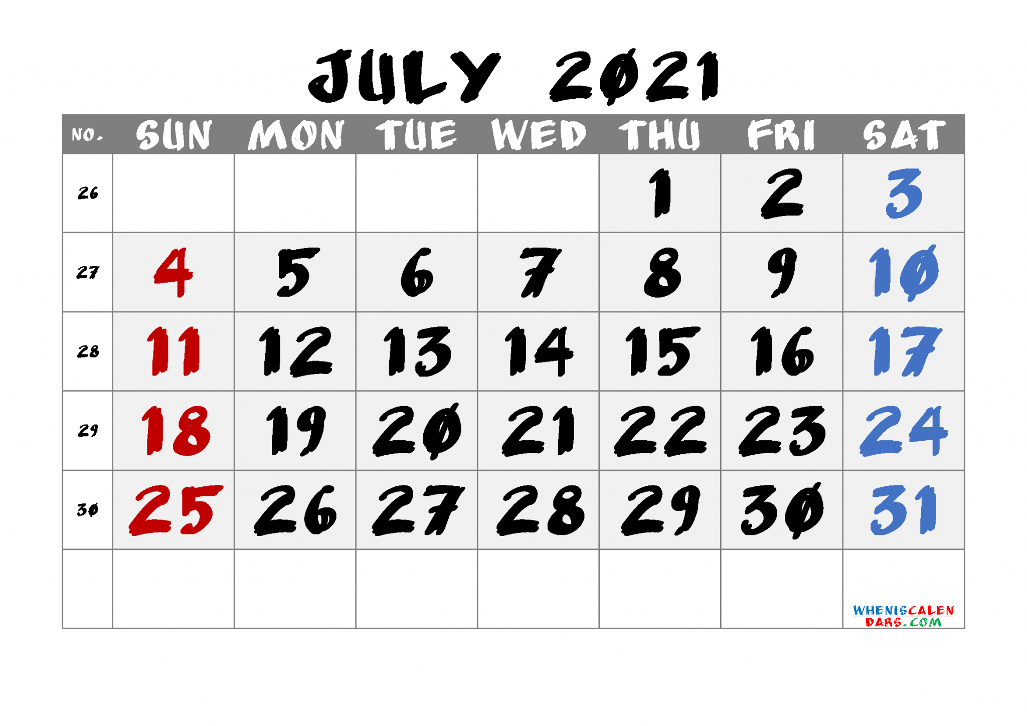 Free Printable July 2021 Calendar