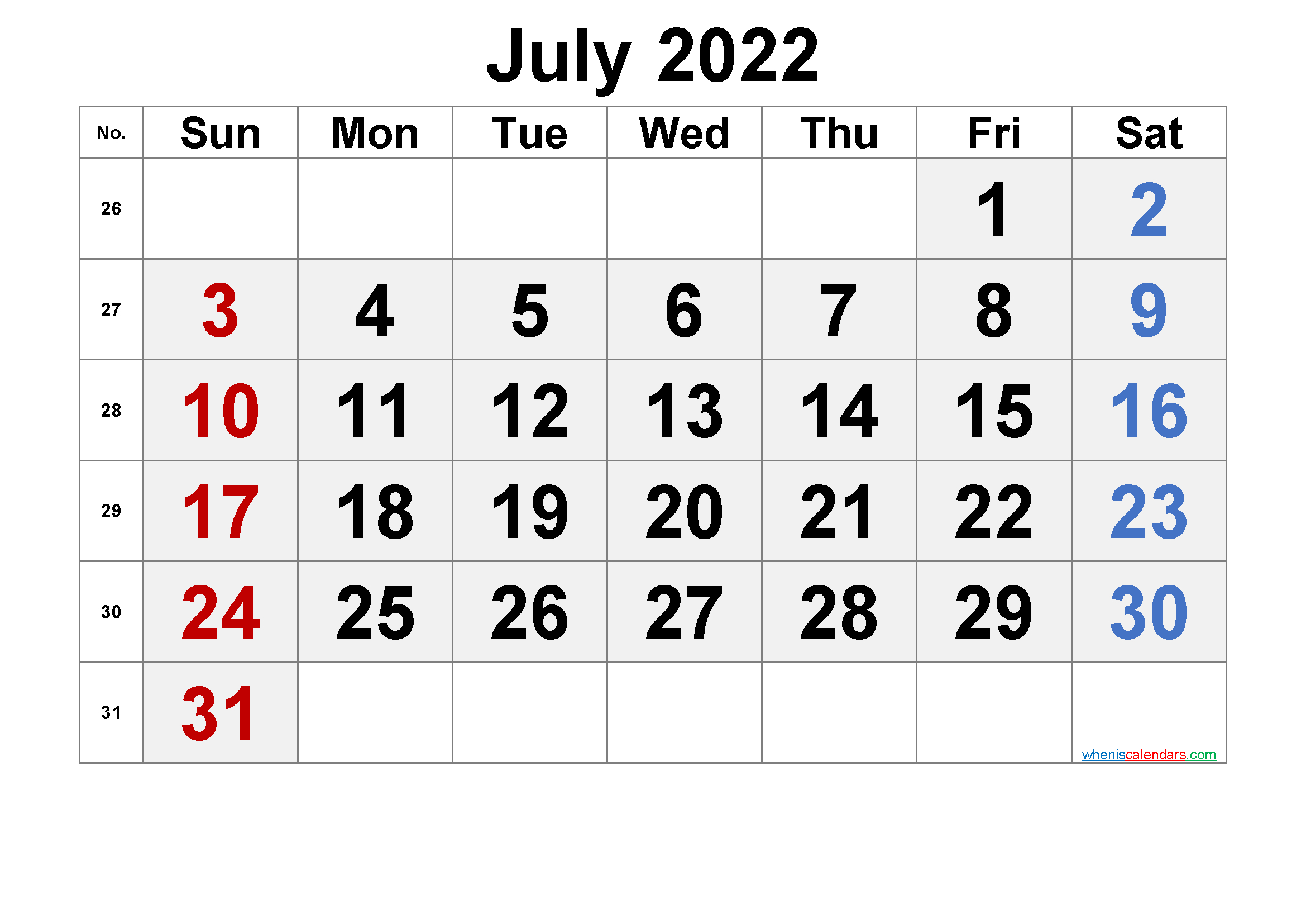 Free Printable July 2022 Calendar